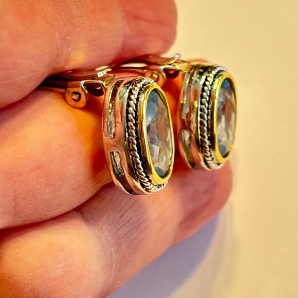 Clip on earrings silvertone rope texture & blue faceted stone ovals classic look - Picture 5 of 6